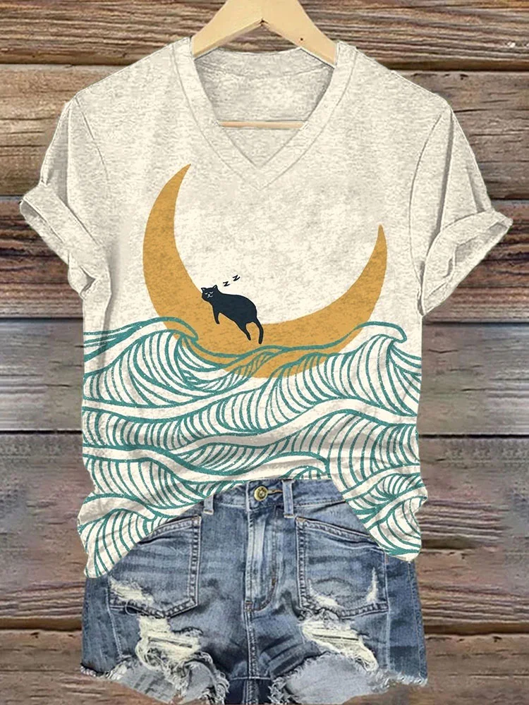 Cat and Waves Art Print V-Neck T-Shirt