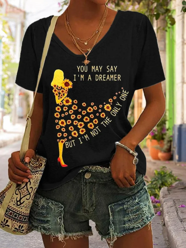 VChics Hippie Sunflower Lady Print V Neck T Shirt