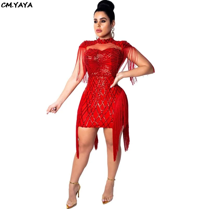 Women New Sequins Tassel Sleeve Side Cutout Stand Neck Sexy Midi Mini Dress Bodycon Bandage Club Party Dresses Vestidos CY8033