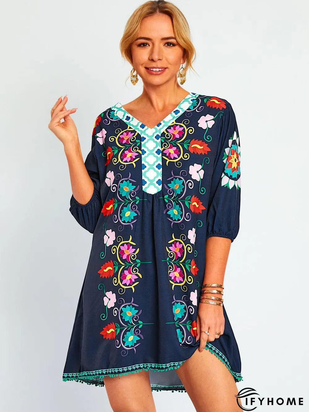 Cotton-Blend Casual Floral Weaving Dress | IFYHOME