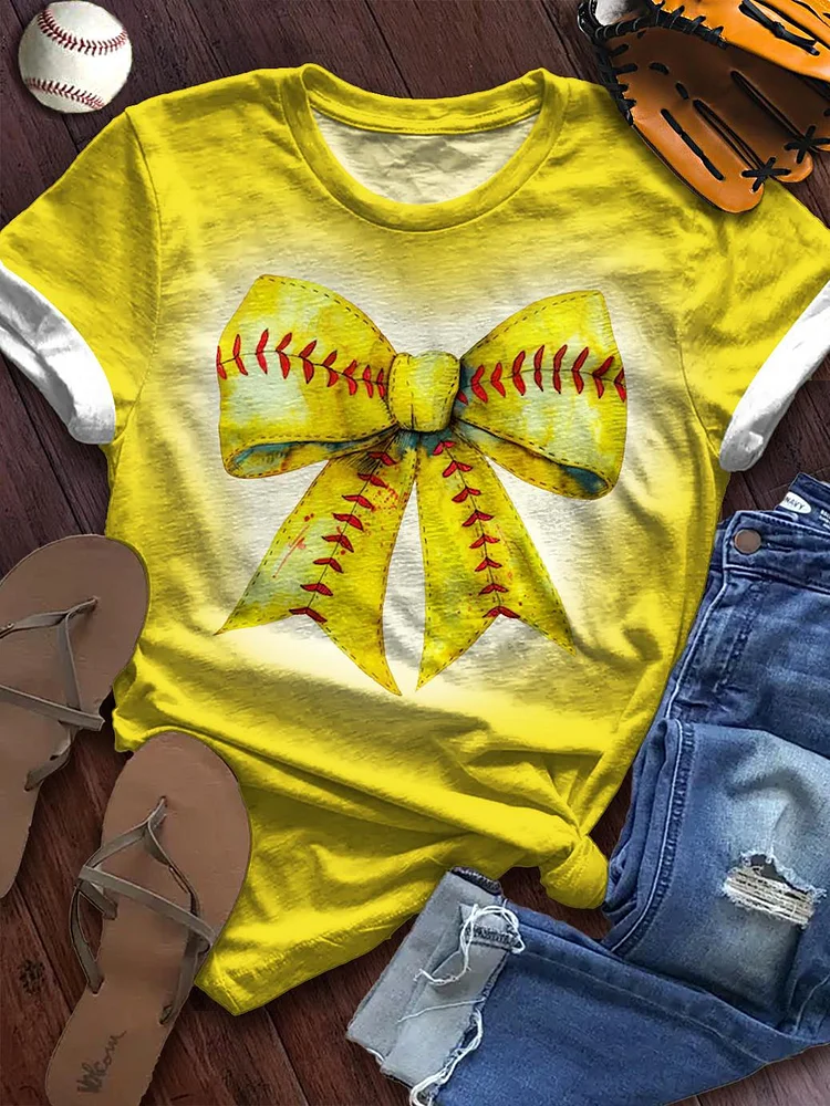 Women's Retro Baseball Bow Crew Neck T-shirt