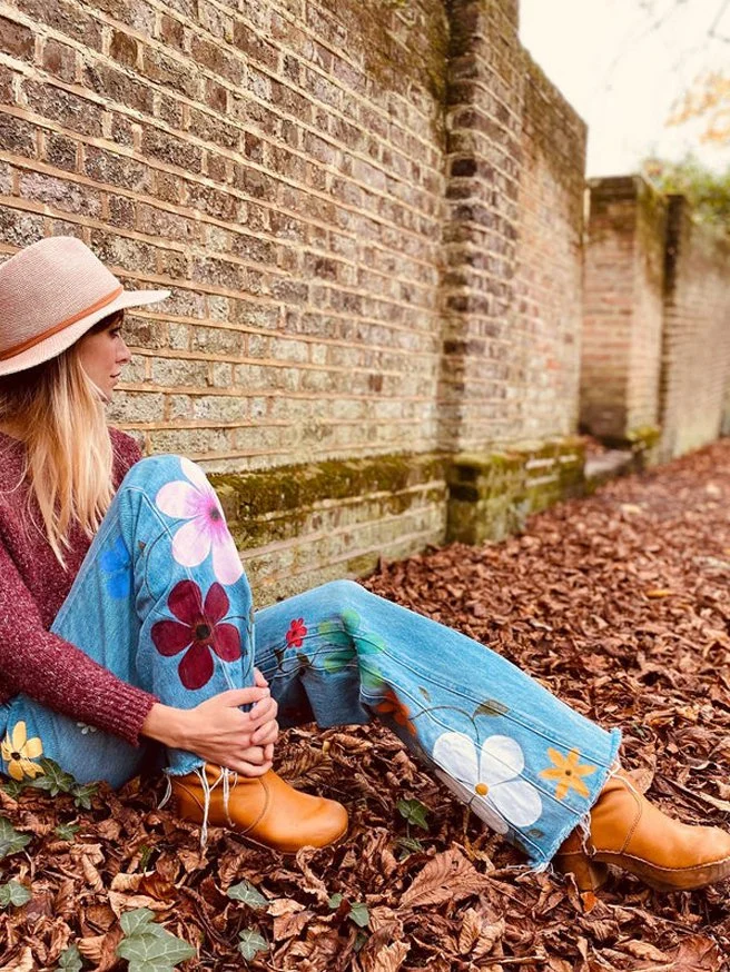 Blue Denim Casual Floral Pants