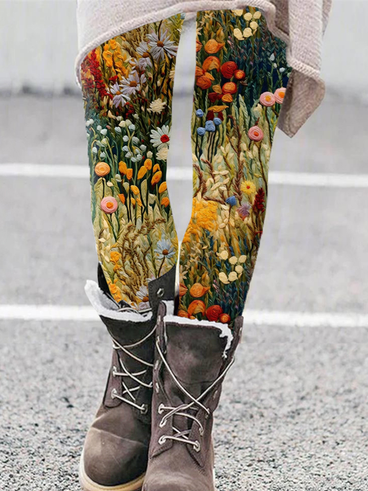 Comstylish Vintage Floral Embroidery Art Printed Casual Leggings