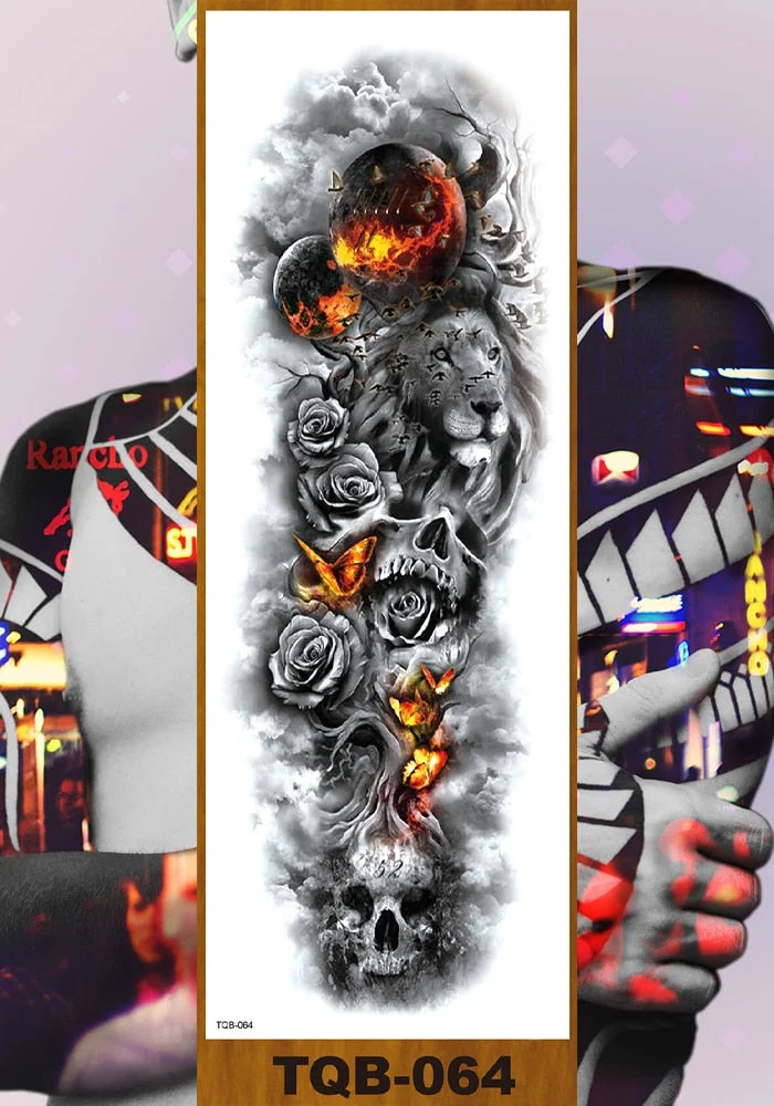 Full Flower Arm Temporary Tattoo Sticker Man Woman Body Leg Fake Tatoo Skull Night Demon Grim Reaper Good and Evil Waterproof