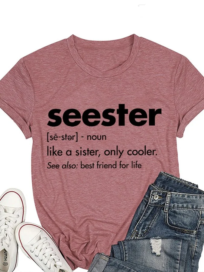 Women‘s Seester Lettered Print Loose Round Neck Short  Tee