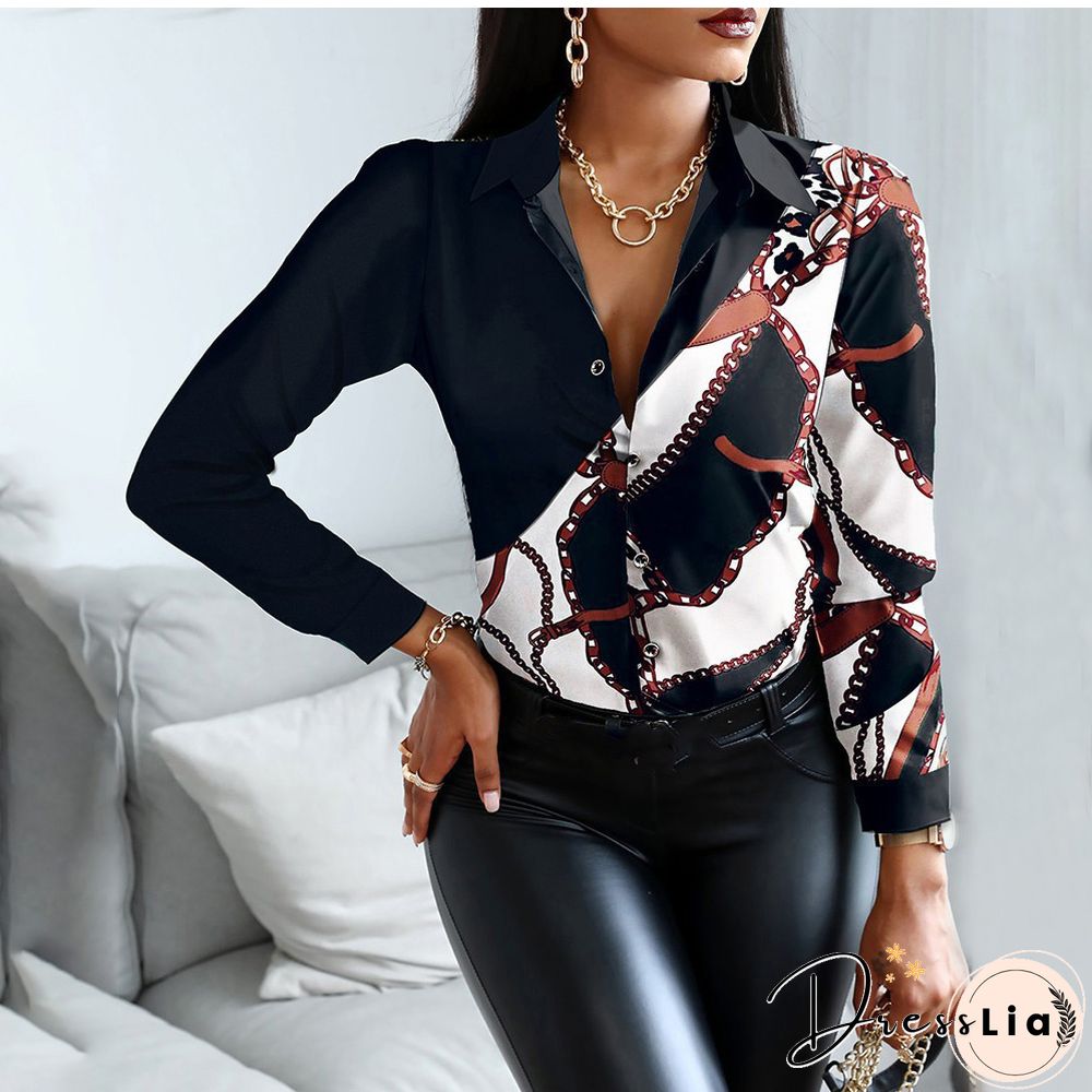 Autumn Women Black Floral Print Top Shirt Fashion Casual Long Sleeve Turn-down Collar Tops Shirts New Elegant Slim Button Shirts