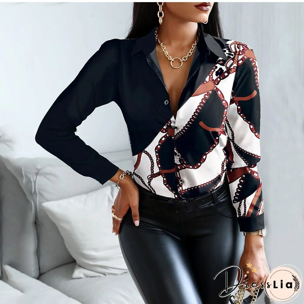 Autumn Women Black Floral Print Top Shirt Fashion Casual Long Sleeve Turn-down Collar Tops Shirts New Elegant Slim Button Shirts