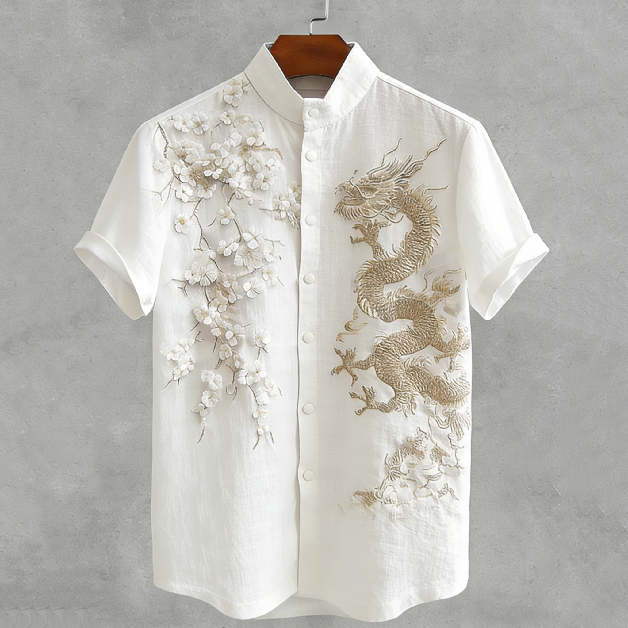 Japanese Style Cherry Blossom And Dragon Art Embroidered Short Sleeve Shirt elevenforest