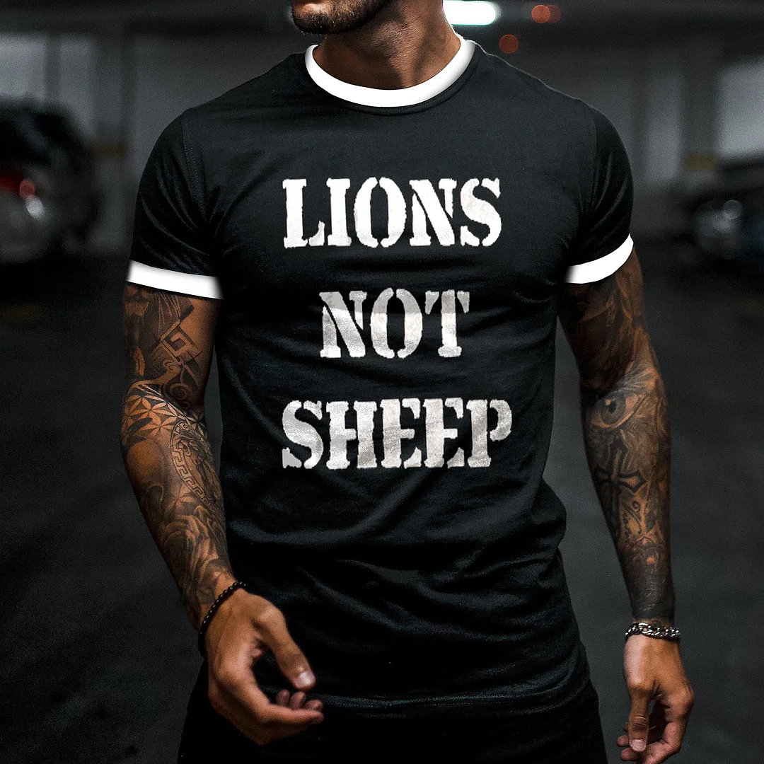 Men's "LIONS NOT SHEEP" Print Colorblock Short Sleeve T-Shirt