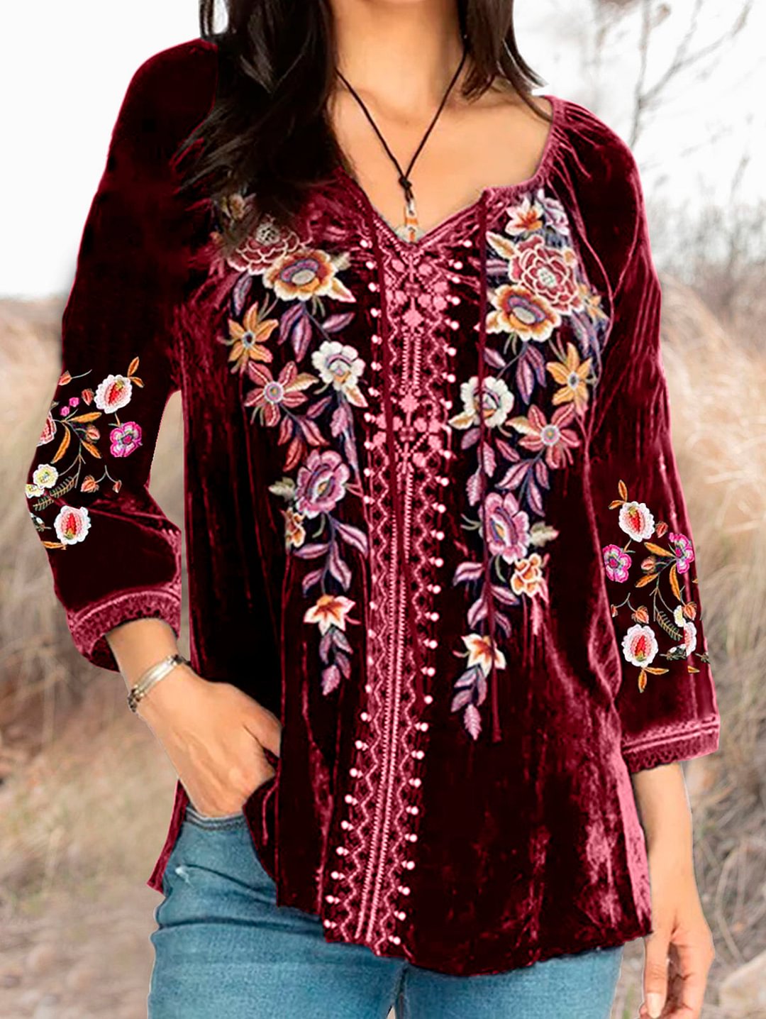 Floral Gathered Neck Drawstring Velvet Blouse