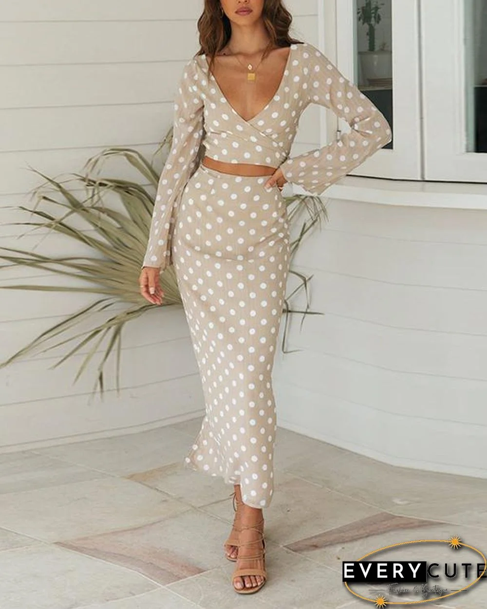 Elegant Polka Dot V-neck Lace Up Two Piece Skirt Suits