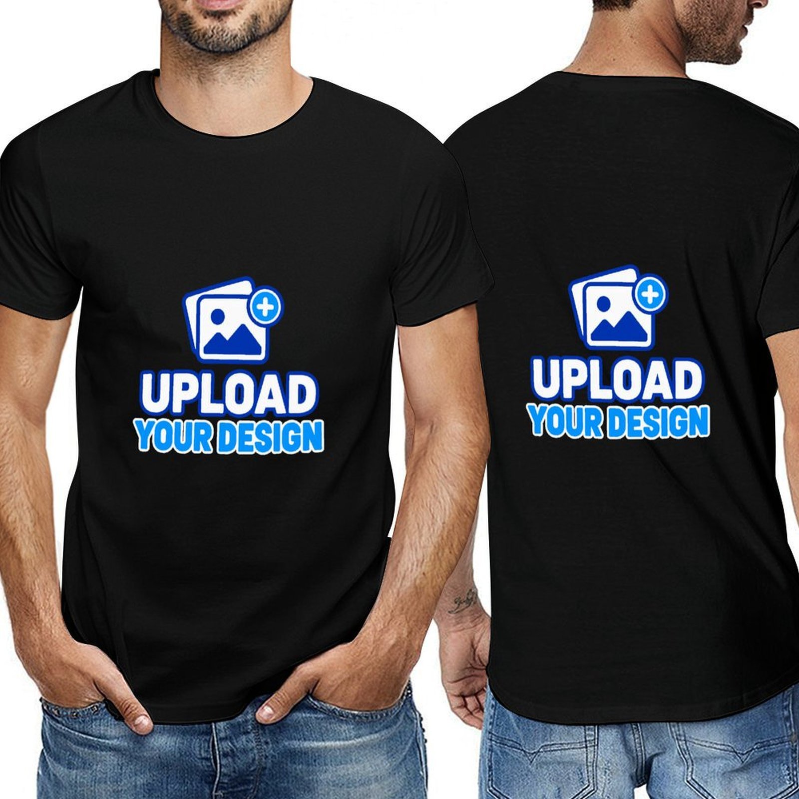 Front and back black T-shirt mockups worn with jeans and blue design placeholder