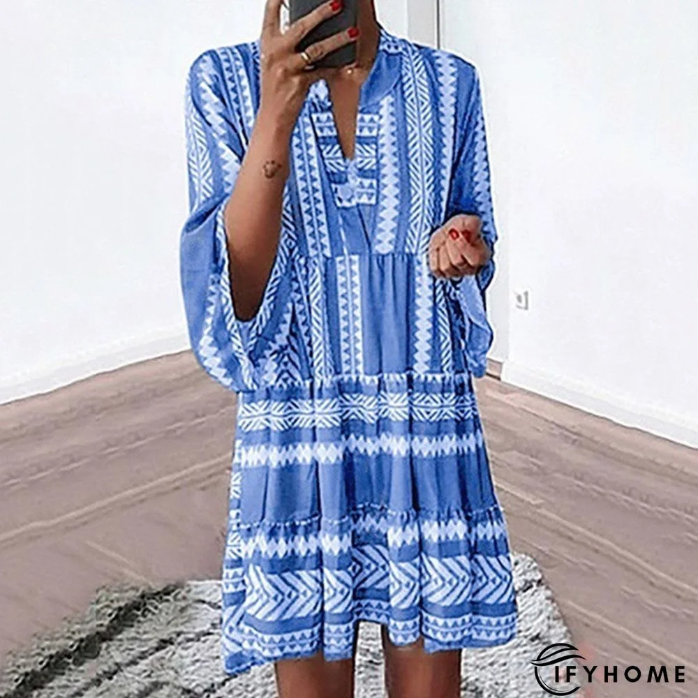 Sky Blue Geometric Print V neck Ruffle Swing Mini Dress | IFYHOME