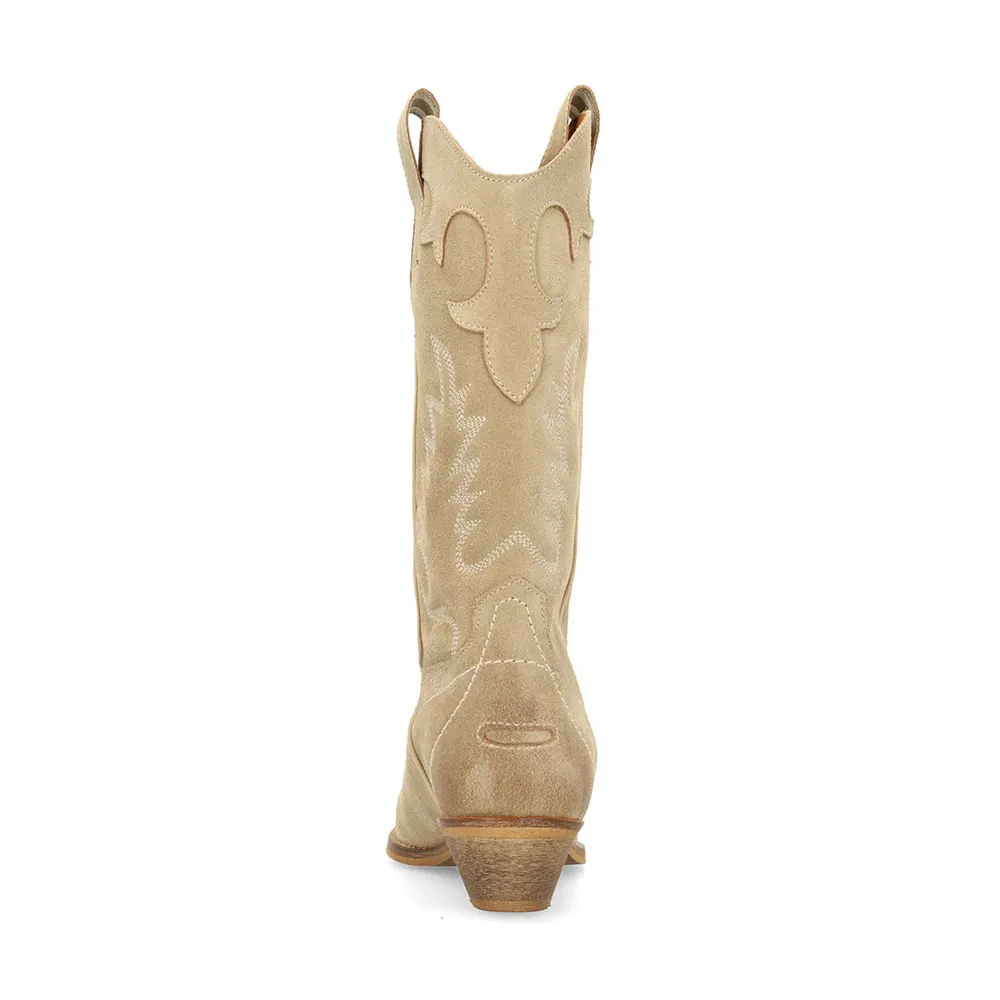 Khaki Vegan Suede Pointed Toe Embroidered Pull On Cowgirl Boots