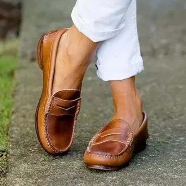 HUXM Women Vintage Slip On Loafers Low Heel Pu Leather Loafers