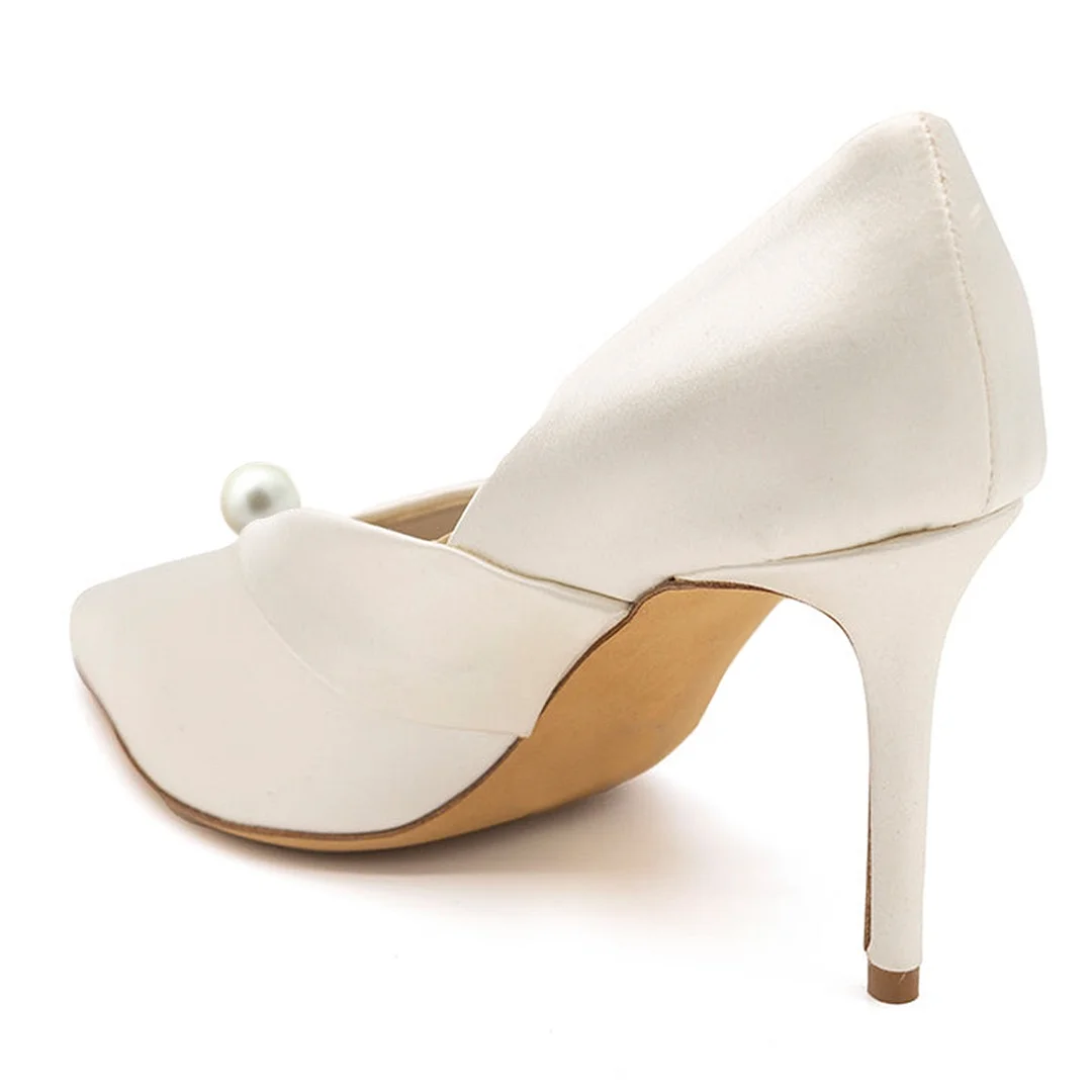 Ivory Pointed Toe Fold-Over Detail Wedding Pumps Heels with Pearl