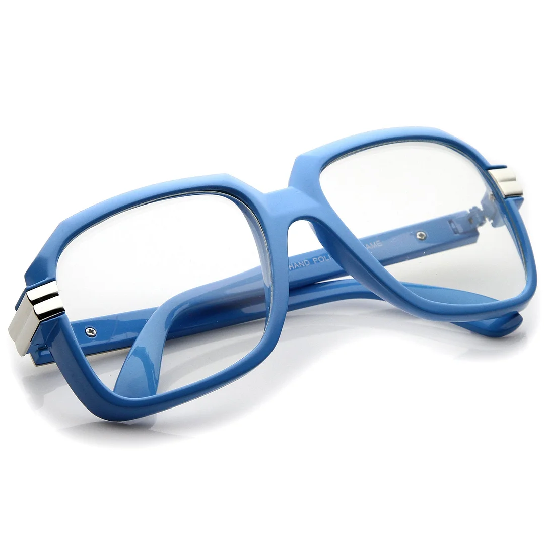 Large Colored Metal Accent Temple Clear Lens Square Glasses 55mm