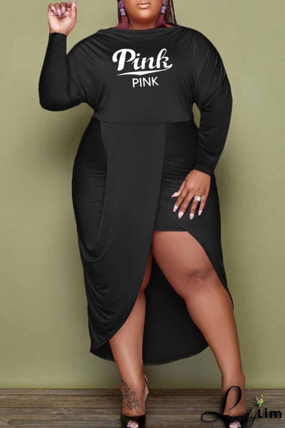 Fuchsia Fashion Sexy Letter Print Patchwork O Neck Long Sleeve Plus Size Dresses