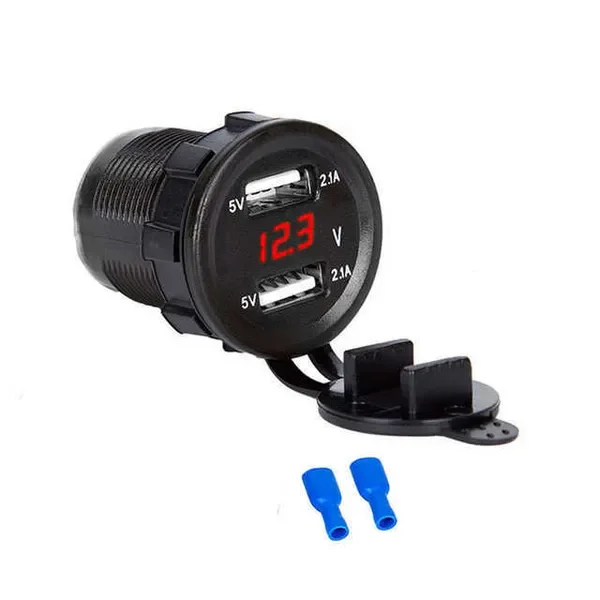 New DIY 12V Cylindrical Voltmeter 5V 4.2A Waterproof Dual Car USB Charger 60cm Cable with Fuse