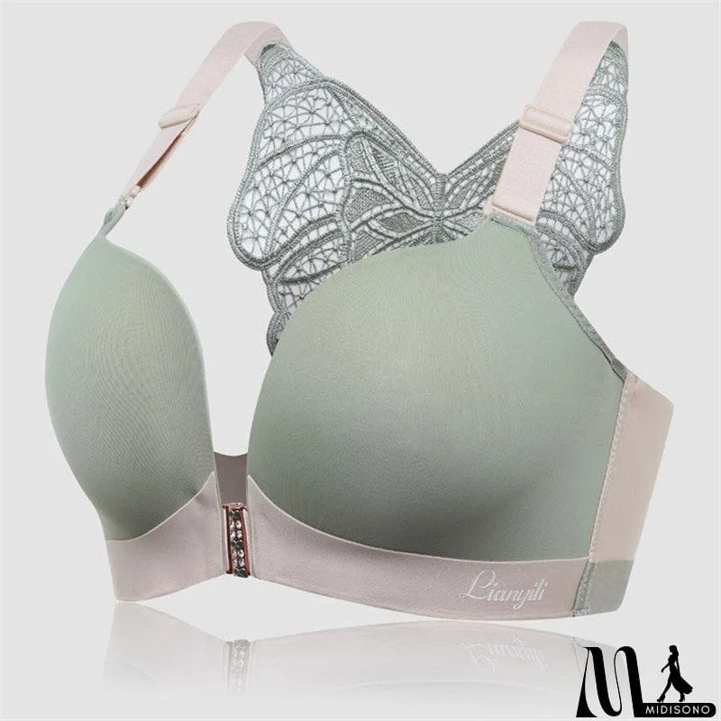 MidiSono - Women's Back Butterfly Embroidered Front Closure Soft Bras - Nude