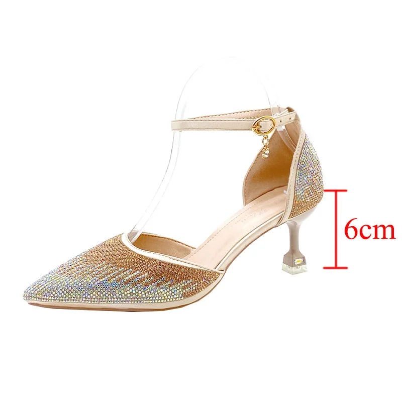 Shining Crystal Gold Pumps For Women 2022 Sexy Ankle Strap High Heels Shoes Woman Pointed Toe Rhinestone Wedding Party Shoes