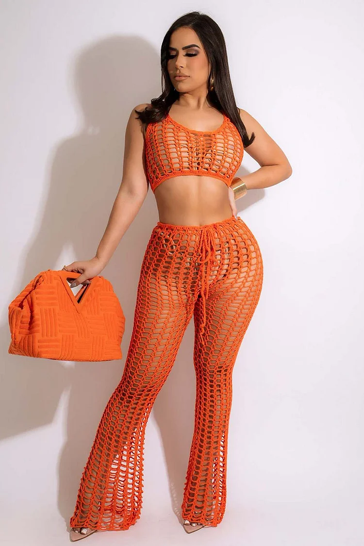 Hollow Out Knit Tank Flared Pants Cover Ups Matching Set