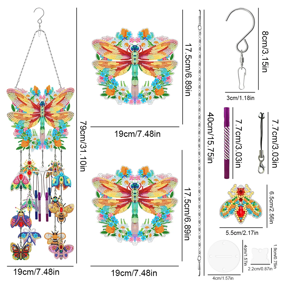 DIY Flower Dragonfly Double Side Wind Chime Diamond Art Hanging Pendant for Home Decor