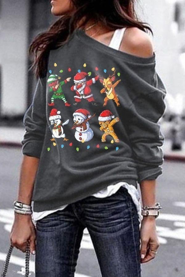 Christmas Printed One Shoulder Sweatshirt-Allyzone-Allyzone