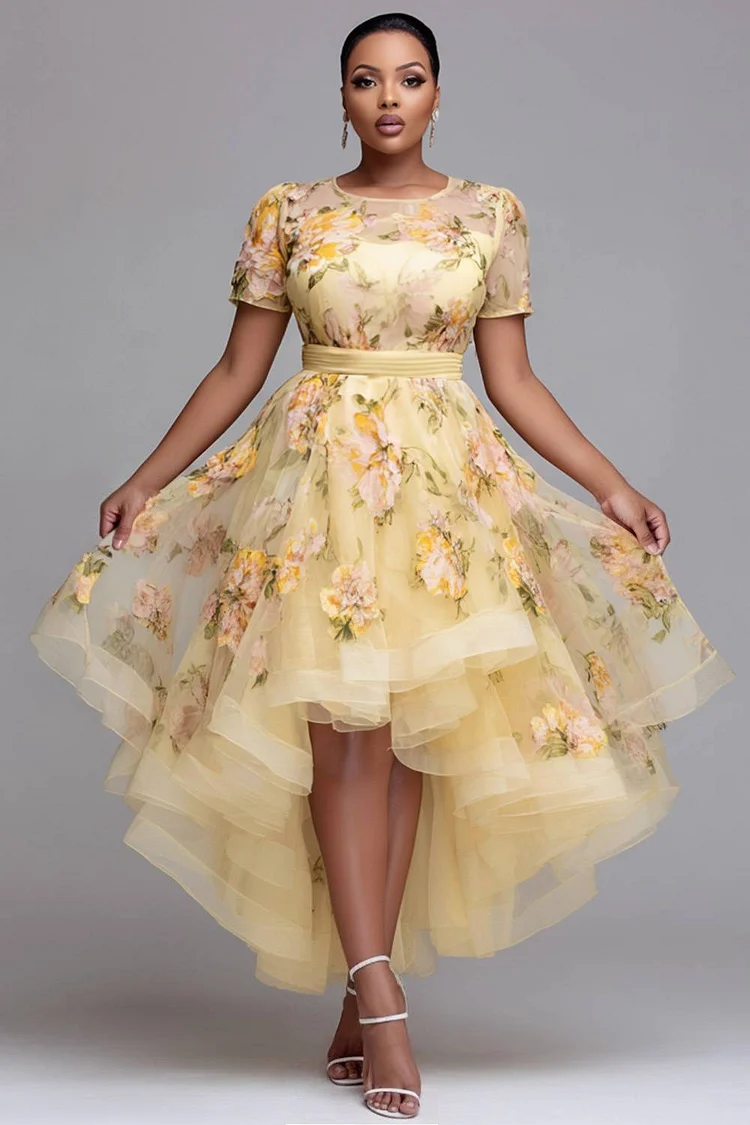 Xpluswear Design Plus Size Wedding Guest Yellow Floral Round Neck Short Sleeve High Low Hem Tulle Midi Dresses [Pre-Order] 2024 - Xpluswear