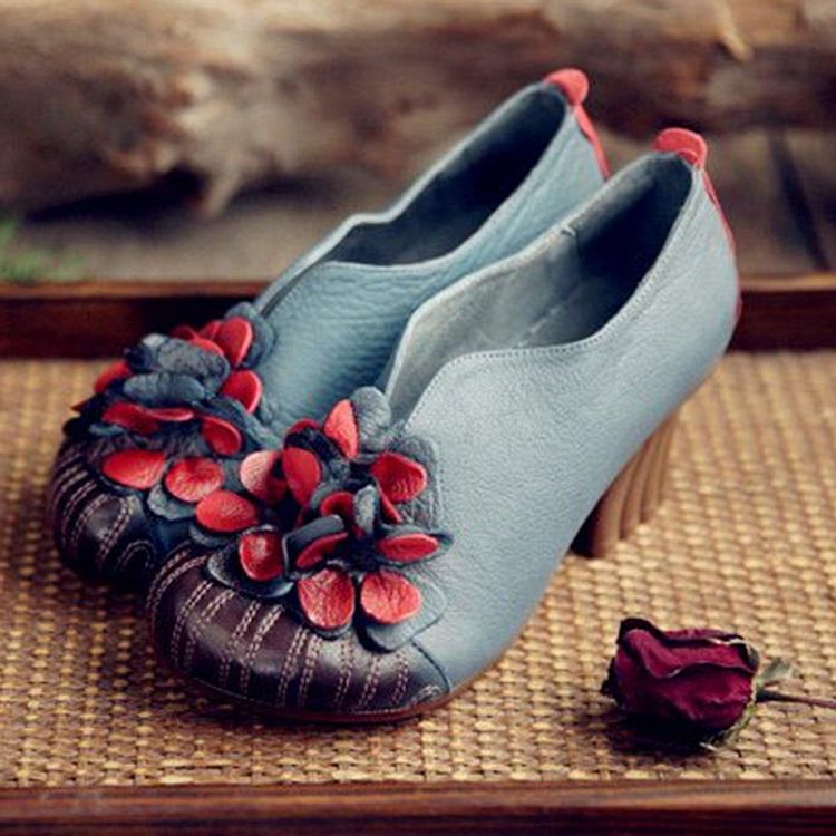 Cozy Flowers Leather Handmade Chunky Heels Comfy Shoes