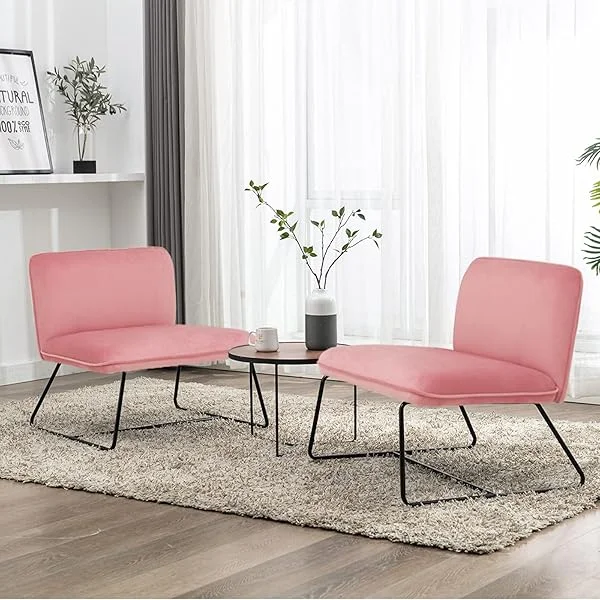 Mid Century Modern Chair, Cross Legged Chair, Armless Accent Chair, 17”High, Velvet Side Chair, Comfy Reading Chair with Metal Frame for Bedroom, Living Room, Guest Room (2, Pink) 2 Pink With Black Legs