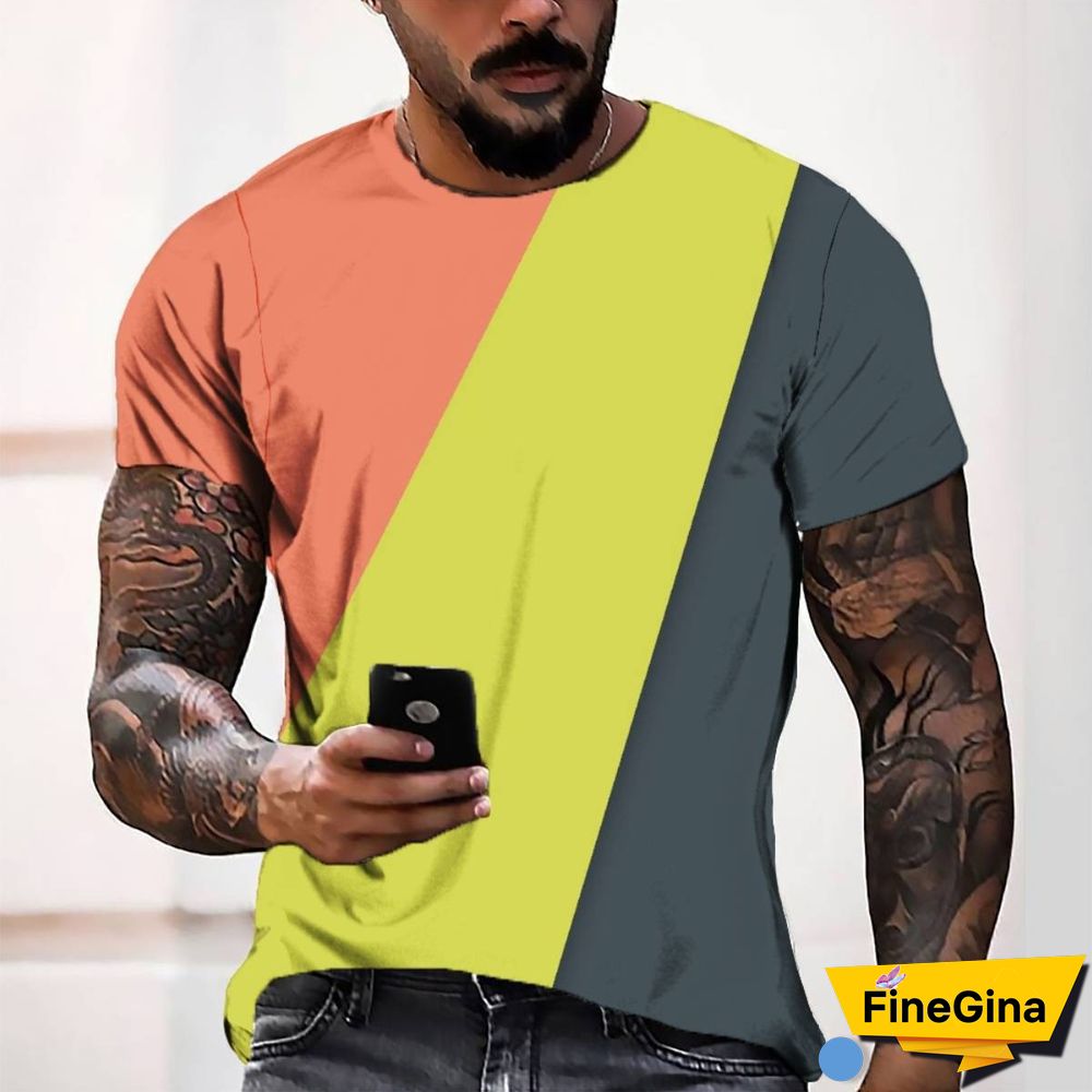 3D Digital Printing Three-color Block Simple Style Men's Casual Loose Short-sleeve T-shirt