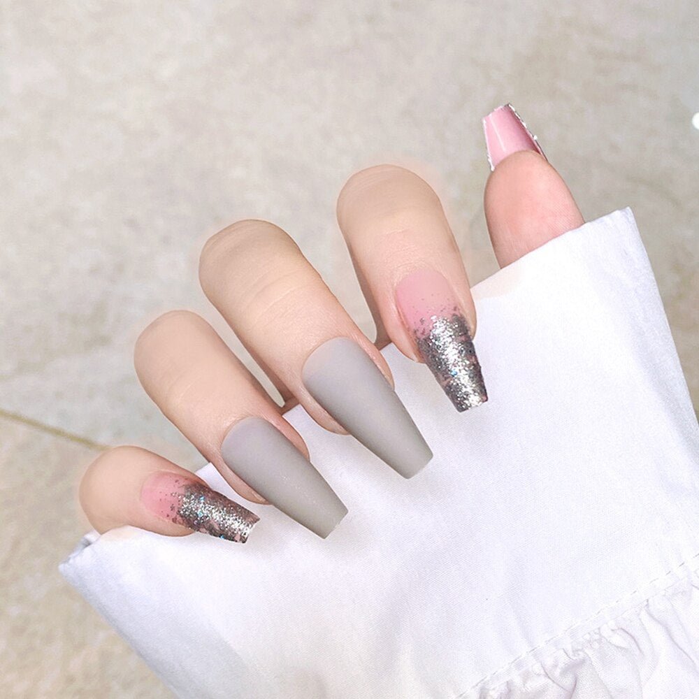 24pcs Long Coffin Fake Nails Mixed Grey Pink Full Finished Glitter Full Cover Beauty Ballet False Nail with design faux Ongles