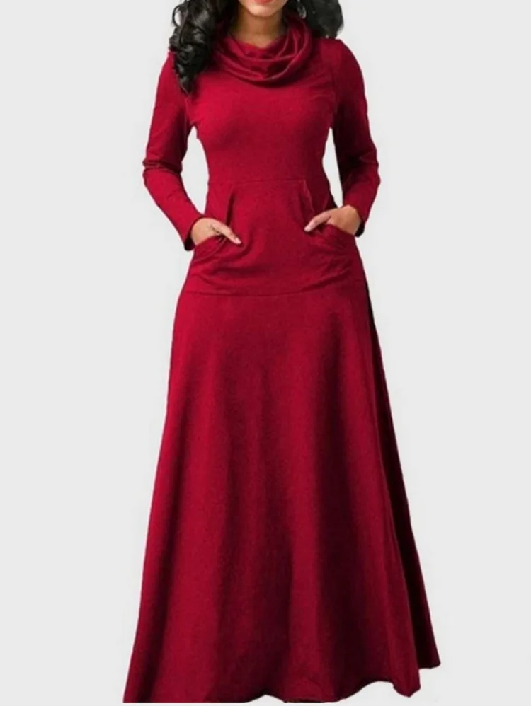 Casual Cowl Neck Pocket Long Sleeve Plain Maxi Dress