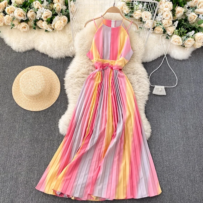 Long Dresses For Women 2021 Gradient Color Vacation Boho Beach Summer Dress Sleeveless Halter Spaghetti Strap Sexy Pleated Dress