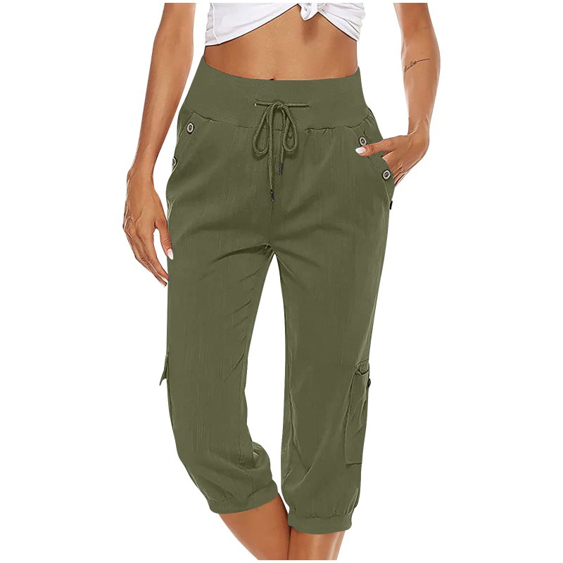 Mature Women's Cropped Pants Cotton Linen Cargo Pocket Casual Pants
