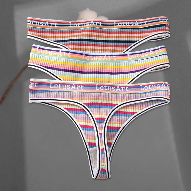FINETOO 3Pcs/set Women Rainbow Thongs M-XL Cotton Panties Comfortable Striped T-Back Underwear Ladies Soft G-string Lingerie New