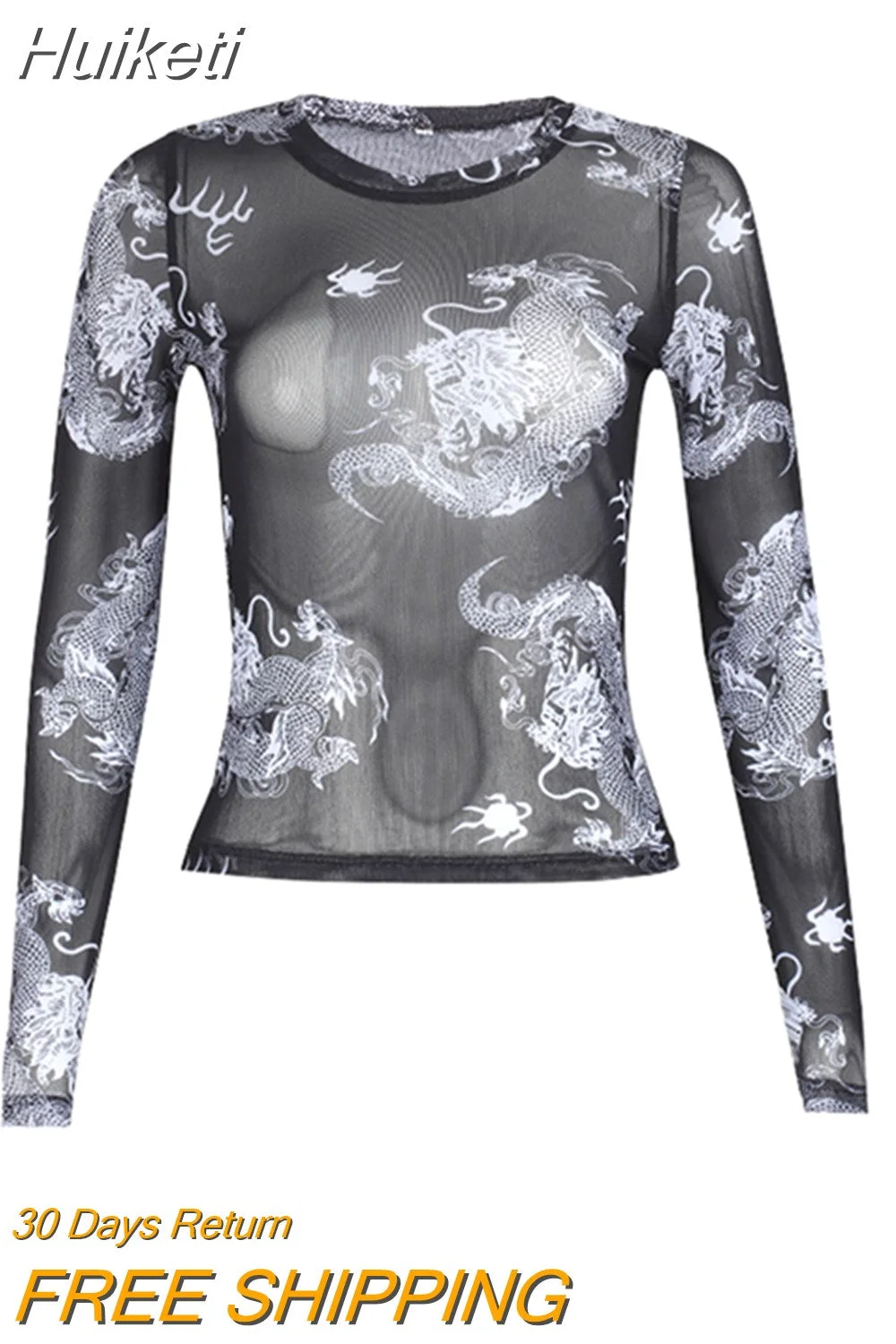 Huiketi Women Adults See-Through Dragon Print Long Sleeve Round Neck Mesh Pullover Autumn Sexy T-Shirt Black Skin-Friendly Fashion S M L
