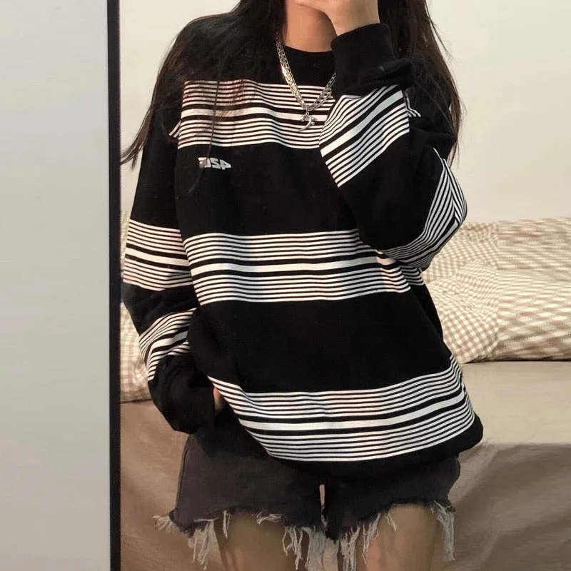 autumn Hoodies Stripe thin Sweatshirt Streetwear Women Harajuku Oversized Pullovers Korean Fashion cotton Long Sleeve black Tops