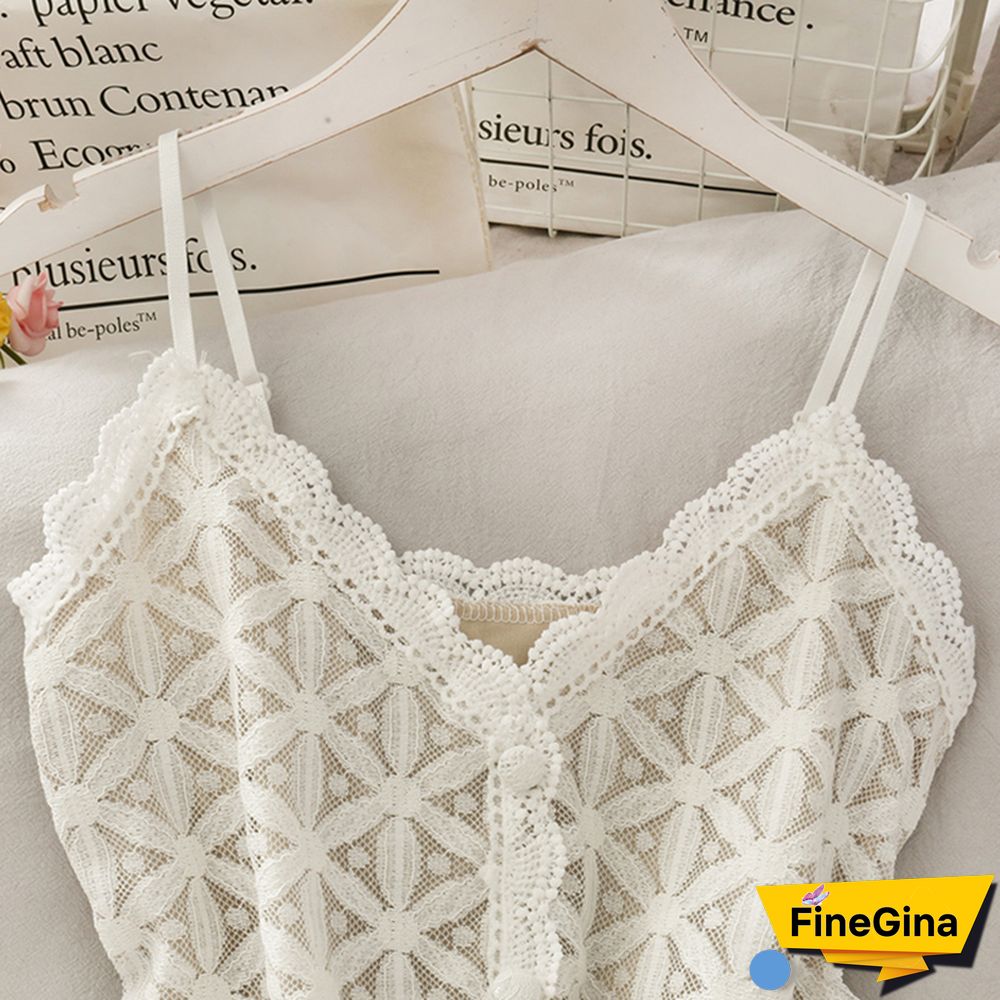 Korean Sling Camisoles Women Clothes Hollow Lace Stitching Dot Print Crop Tops Button Stitching Skinny Tank Top Female Camis