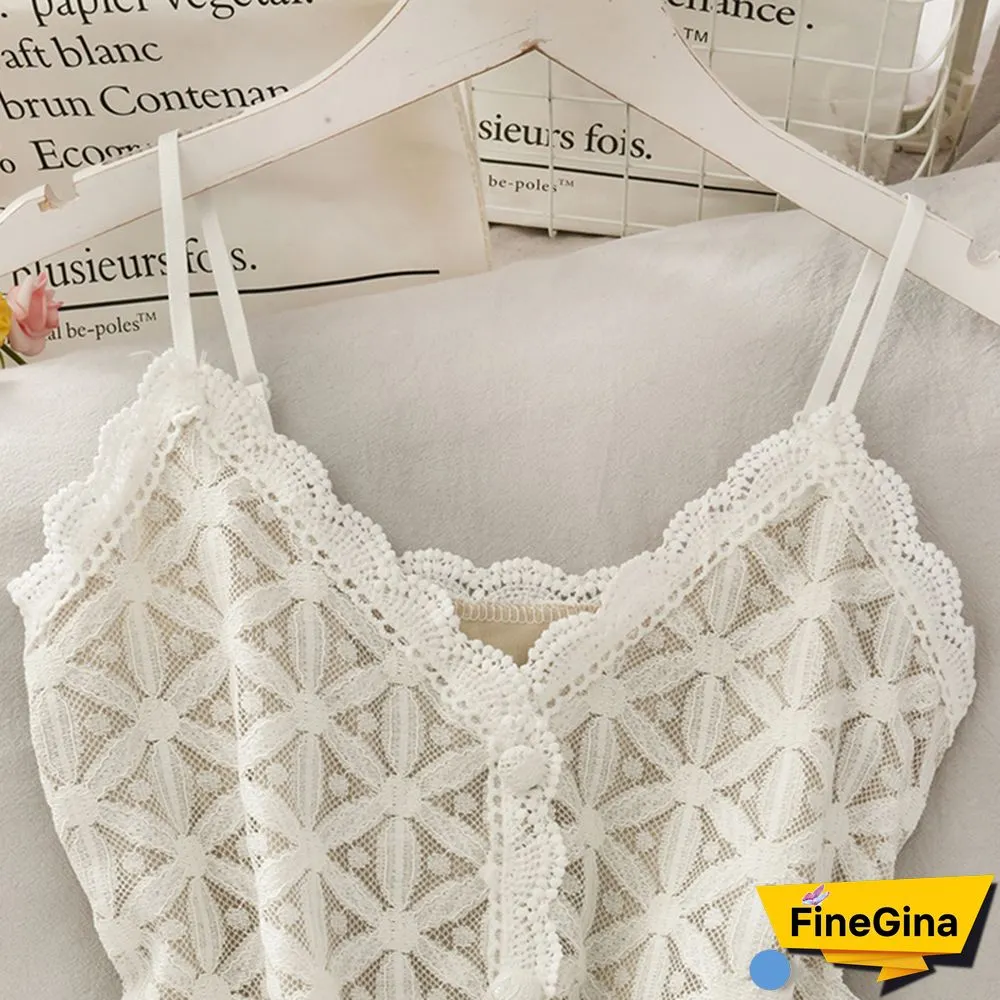 Korean Sling Camisoles Women Clothes Hollow Lace Stitching Dot Print Crop Tops Button Stitching Skinny Tank Top Female Camis