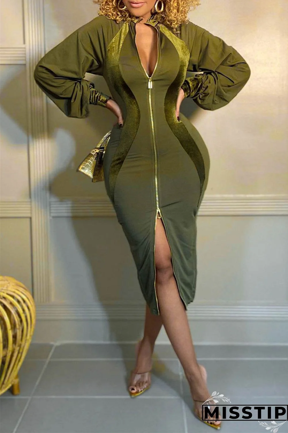 Army Green Fashion Casual Solid Patchwork Zipper Collar Long Sleeve Dresses