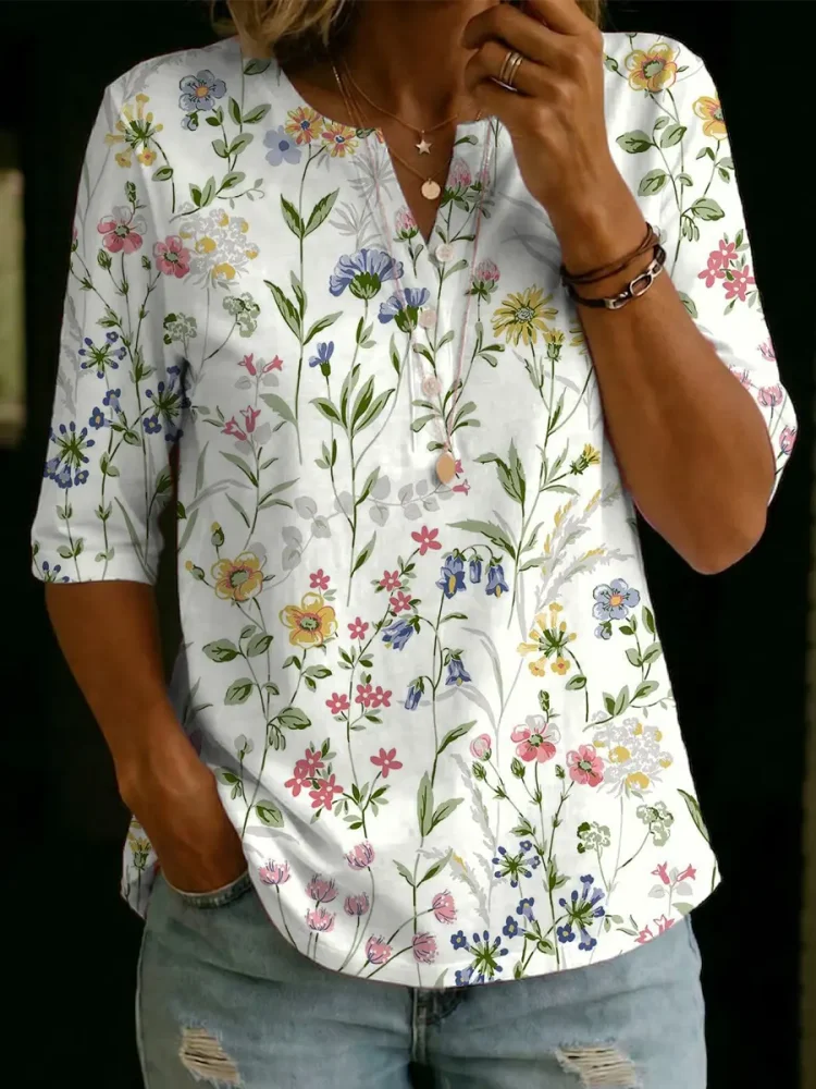Women's Floral Pattern Art Print Casual Cotton Shirt