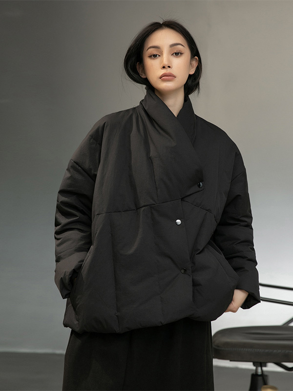 Simple Black Retro Irregular Down Jacket