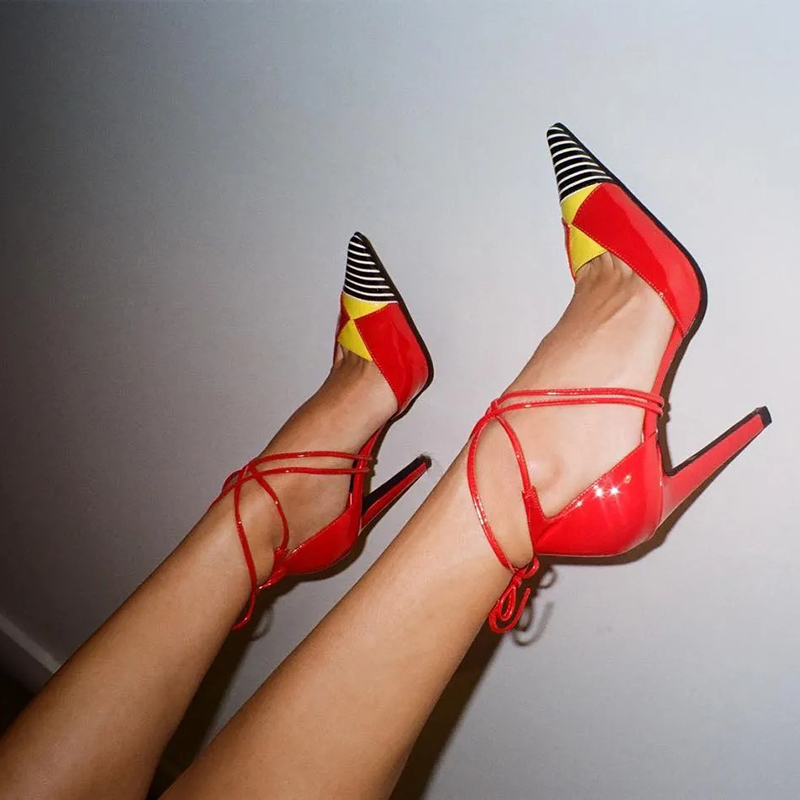 GOOSHOE Red Striped Pointed Toe Prom Stiletto Pumps