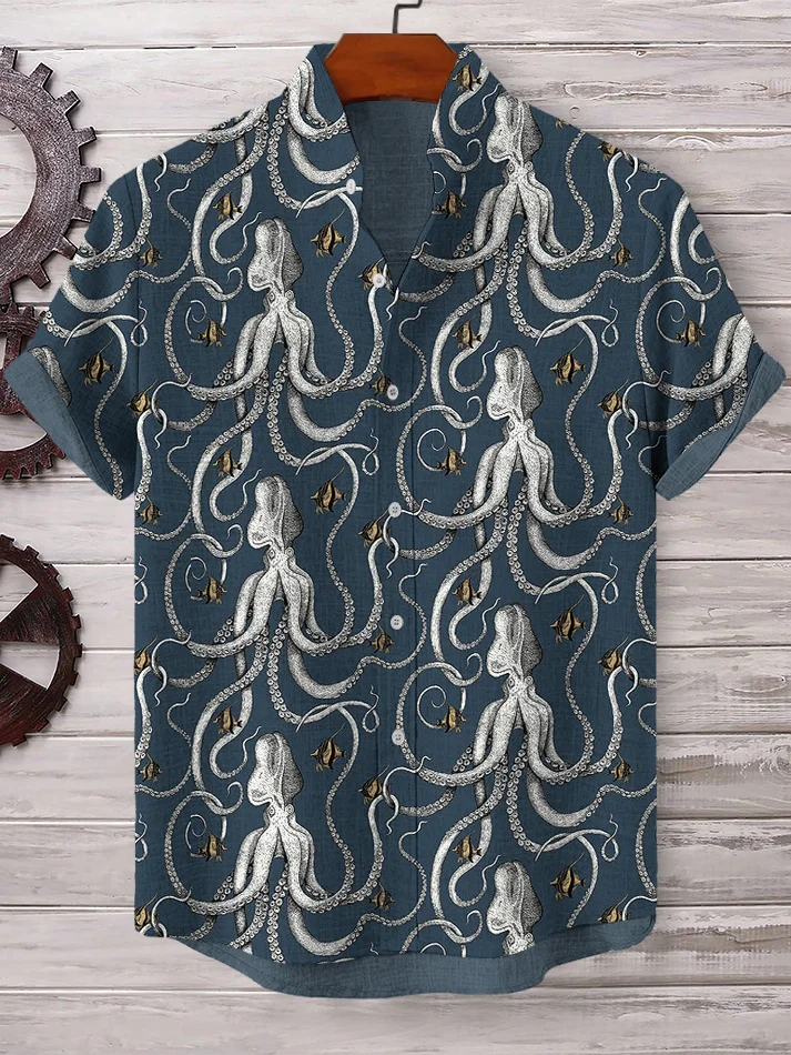 Men's Hawaiian Fish Octopus Print Linen Blend Short Sleeve Shirt
