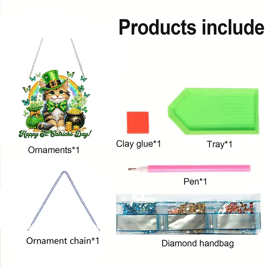 St Patricks Day Cat DIY 2D Flat Acrylic Diamond Painting Kits 5D Diamond Art Painting Window Pendants for Home Garden Wall Decoration
