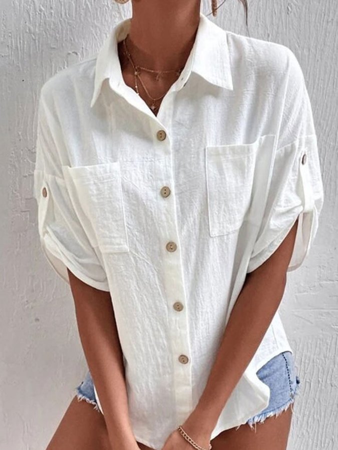 Women's Cotton Linen Solid Color Pocket Lapel Shirt