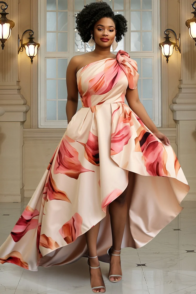 Xpluswear Design Plus Size Wedding Guest White Floral One Shoulder Asymmetric Hem Pocket Satin Maxi Dresses [Pre-Order] 2024 - Xpluswear