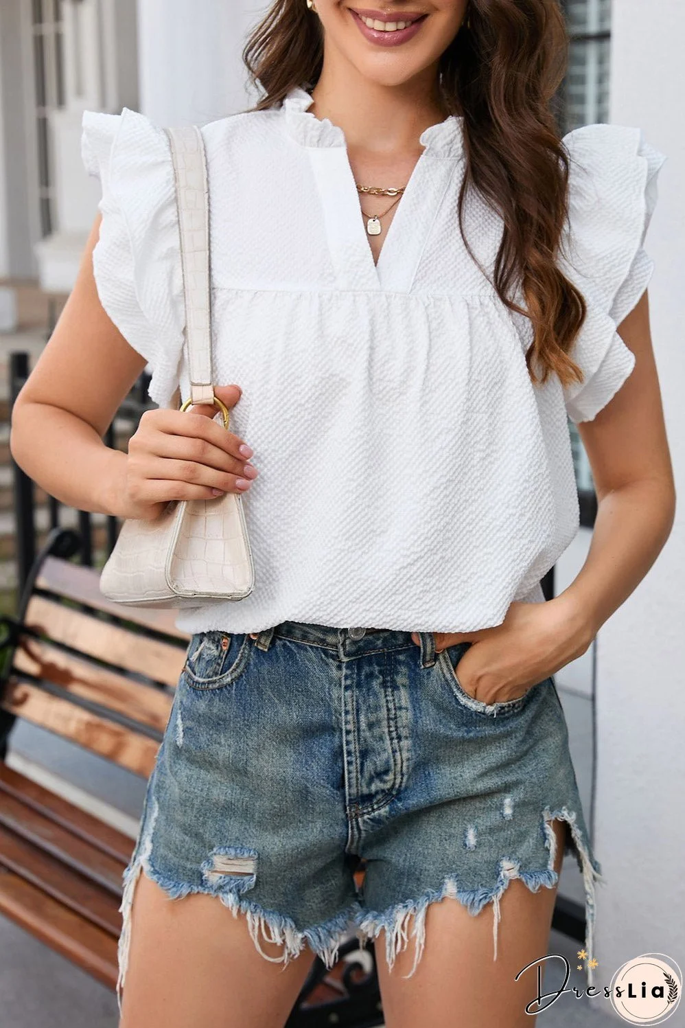 White Ruffle Flutter Notch Neck Top